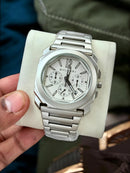 Premium Silver Chronograph Luxury Watch White Textured Dial Octagonal Case Stainless Steel Bracelet Signature Luxury Watch – Men