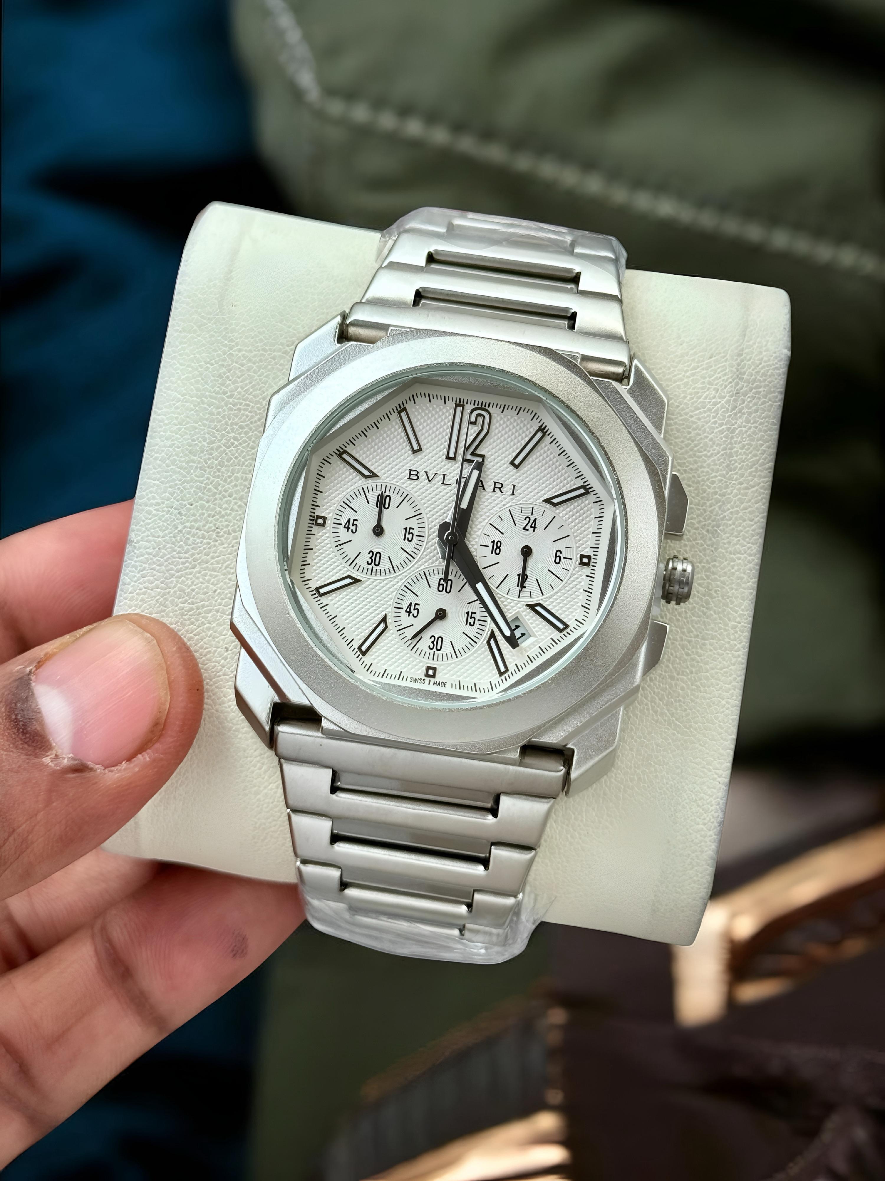 Premium Silver Chronograph Luxury Watch White Textured Dial Octagonal Case Stainless Steel Bracelet Signature Luxury Watch – Men