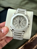 Premium Silver Chronograph Luxury Watch Ice Silver Textured Dial Octagonal Case Stainless Steel Bracelet Signature Luxury Watch – Men