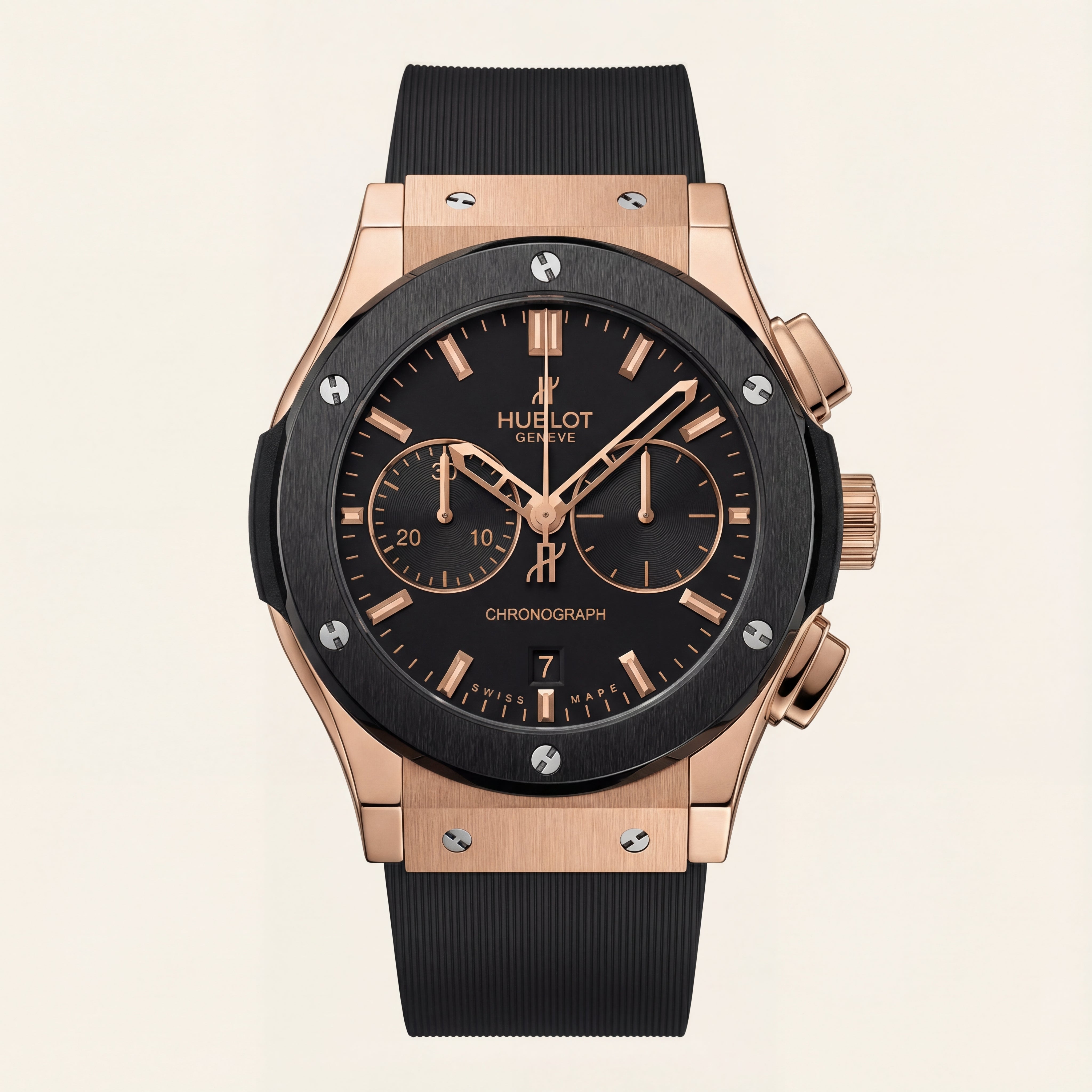 Rose Gold Chronograph Watch – Black Dial with Rubber Strap