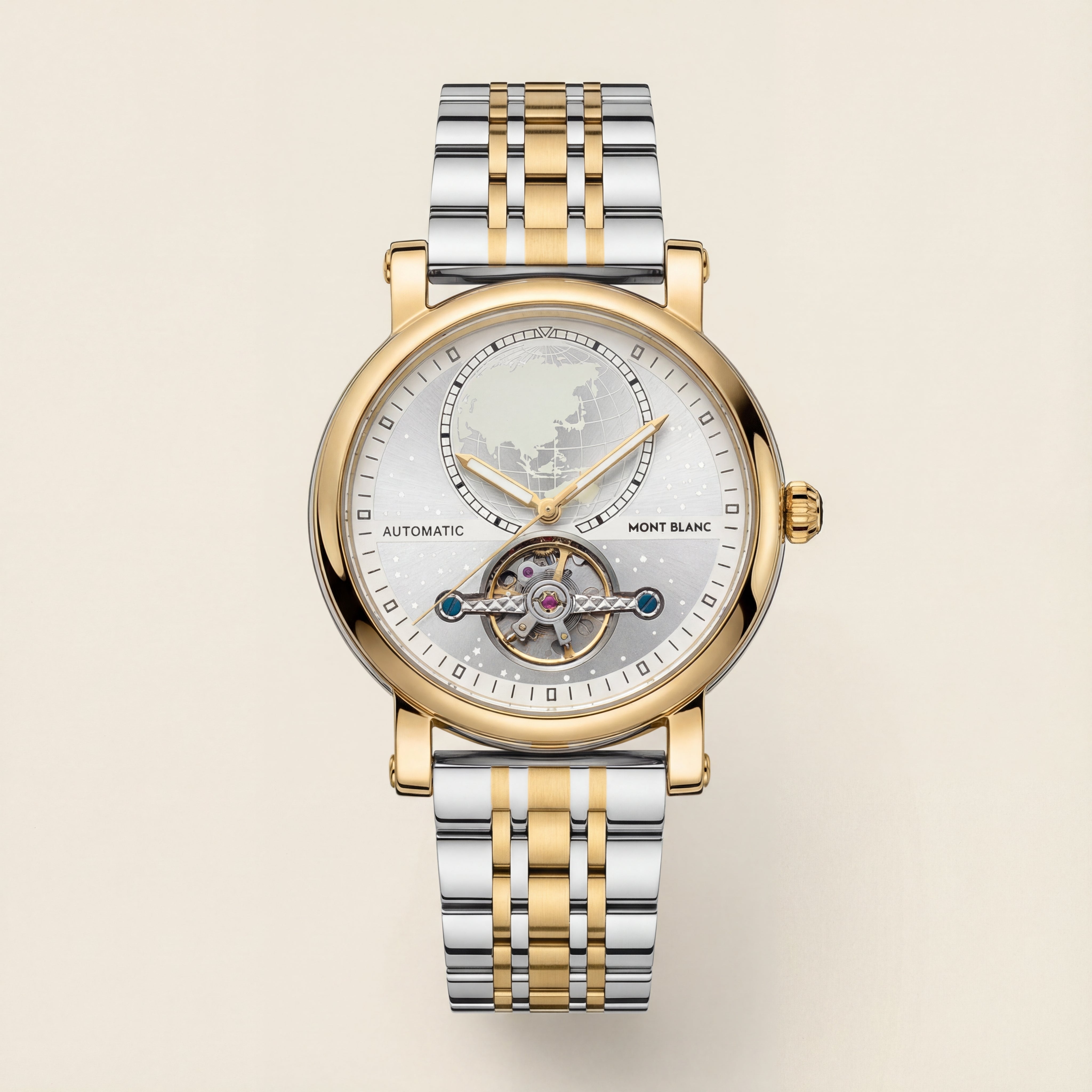 Gold Silver World Dial Open-Heart Automatic Men’s Watch