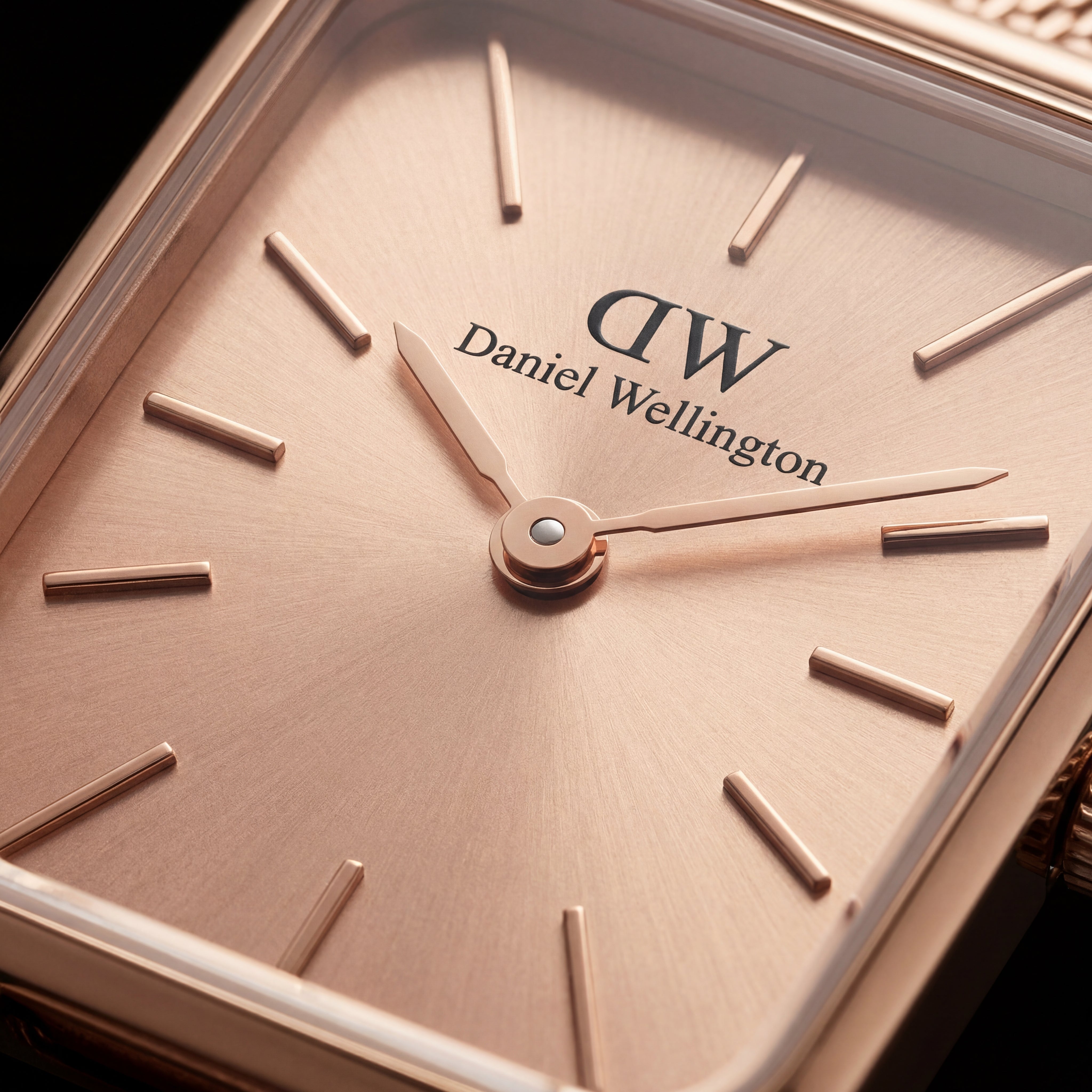 Rose Gold Rectangular Champagne Sunray Dial Mesh Strap Watch