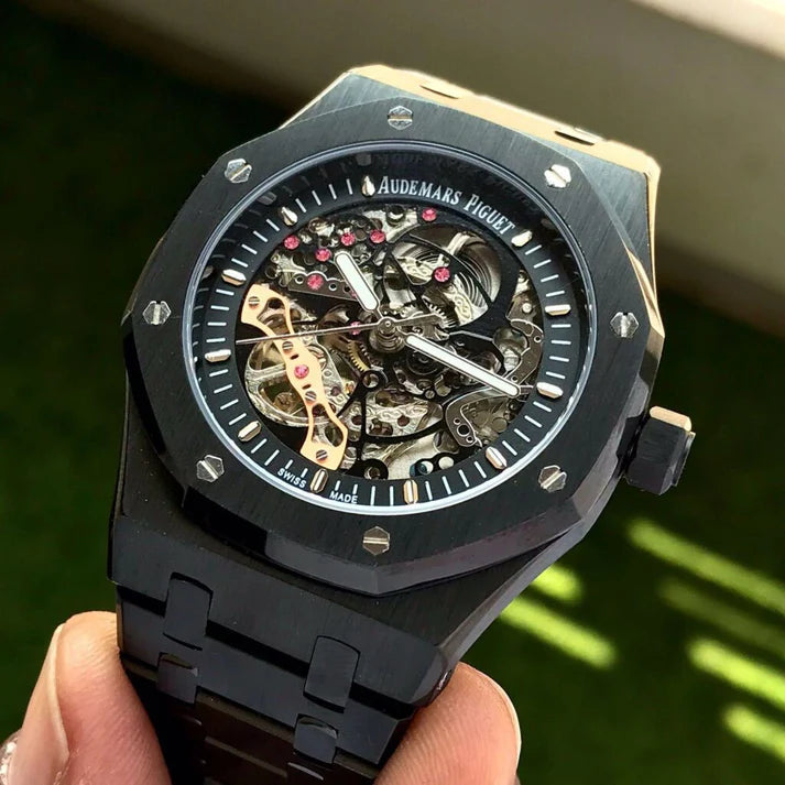 Premium Black Stainless Steel Skeleton Automatic Watch Open-Work Dial Octagonal Bezel Luxury Watch – Men