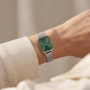 Emerald Green Rectangular Dial Silver Mesh Strap Minimal Watch