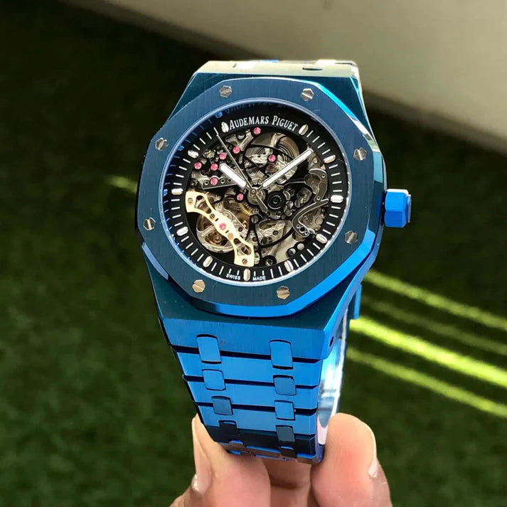 Premium Blue Stainless Steel Skeleton Automatic Watch Open-Work Dial Octagonal Bezel Luxury Watch – Men