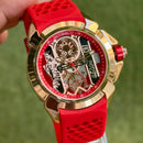 Premium Gold Stainless Steel Skeleton Sport Watch Red Silicone Strap Racing Style Luxury Watch – Men