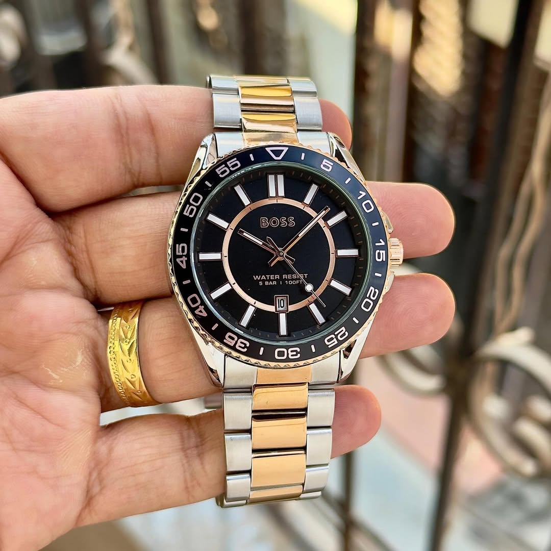 Premium Two-Tone Stainless Steel Sport Watch Black Dial Rotating Bezel Date Display Luxury Watch – Men