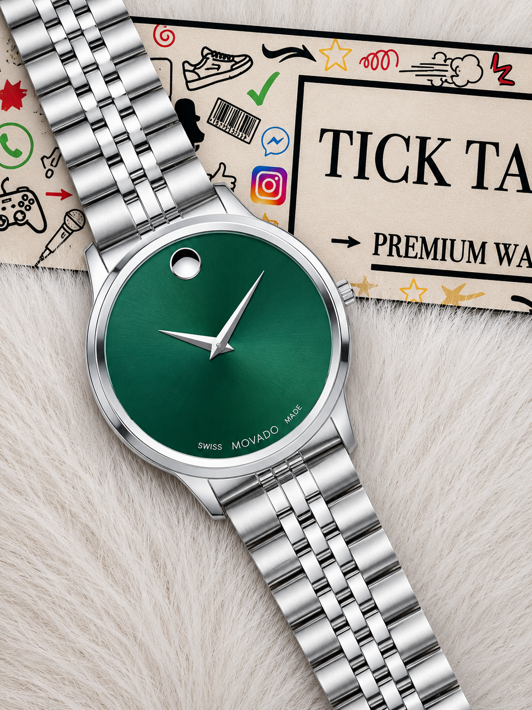 Silver Green Minimal Dial Stainless Steel Watch