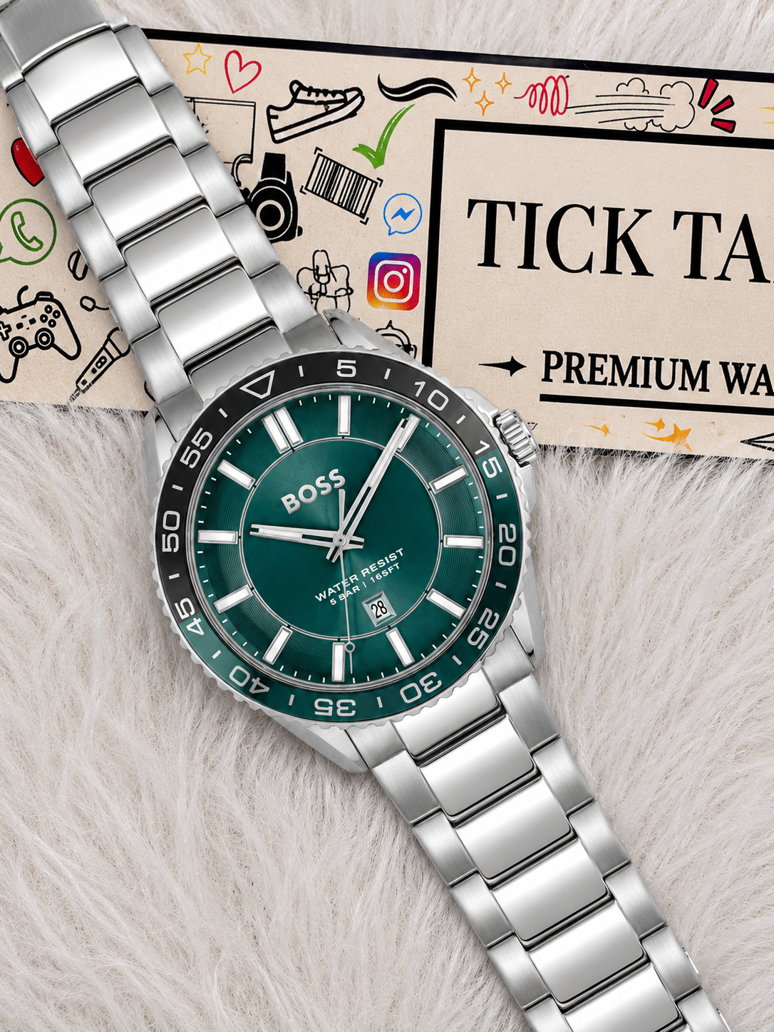 Premium Silver Stainless Steel Watch Green Dial Sport Bezel Date Display Classic Luxury Watch – Men
