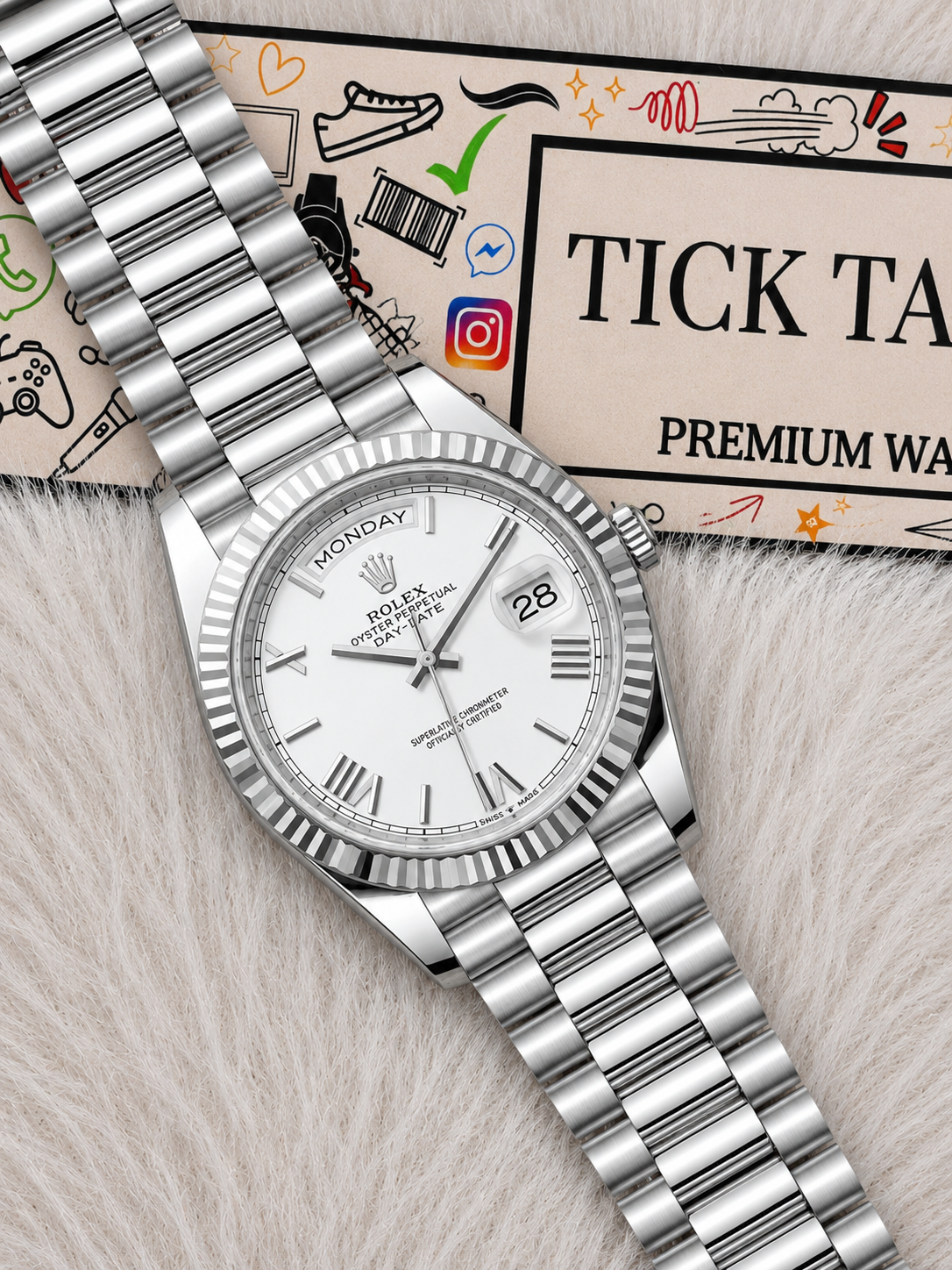 Classic White Dial Fluted Steel Day-Date Watch