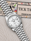 Classic White Dial Fluted Steel Day-Date Watch