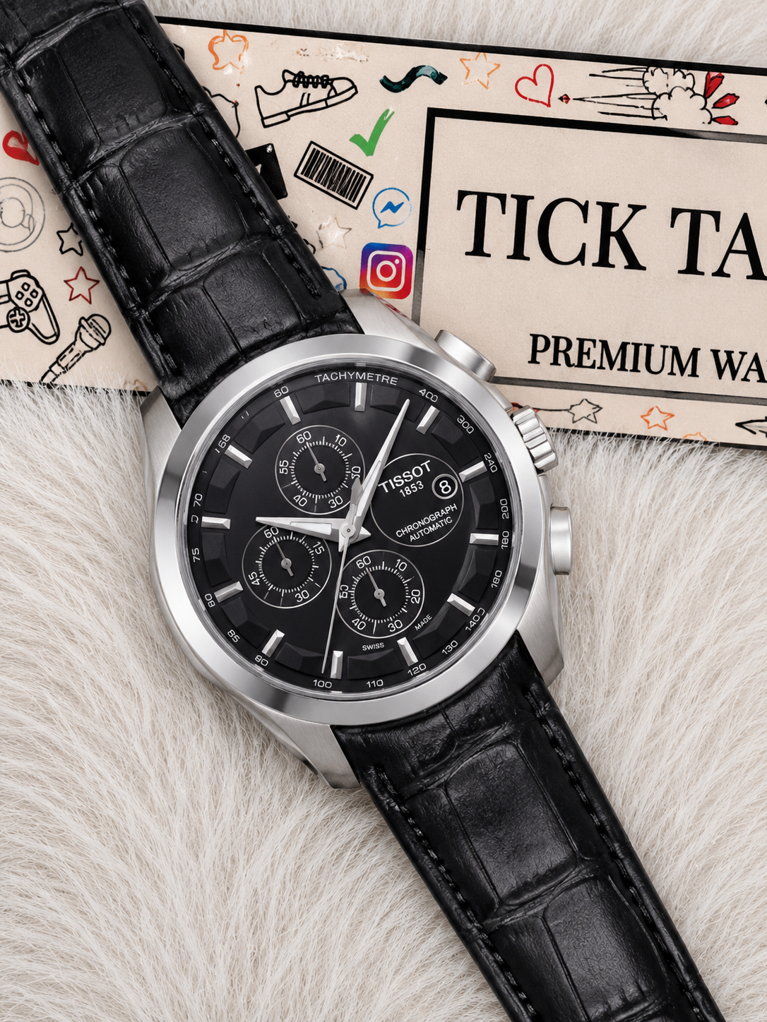 Black Dial Chronograph Men’s Leather Strap Watch