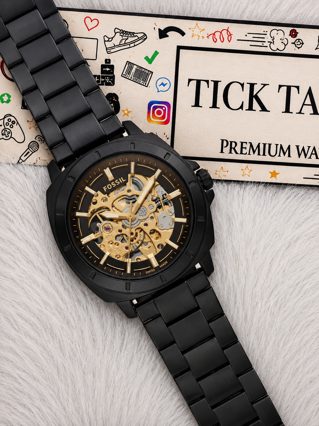 Luxury Skeleton Dial Black Stainless Steel Automatic Watch