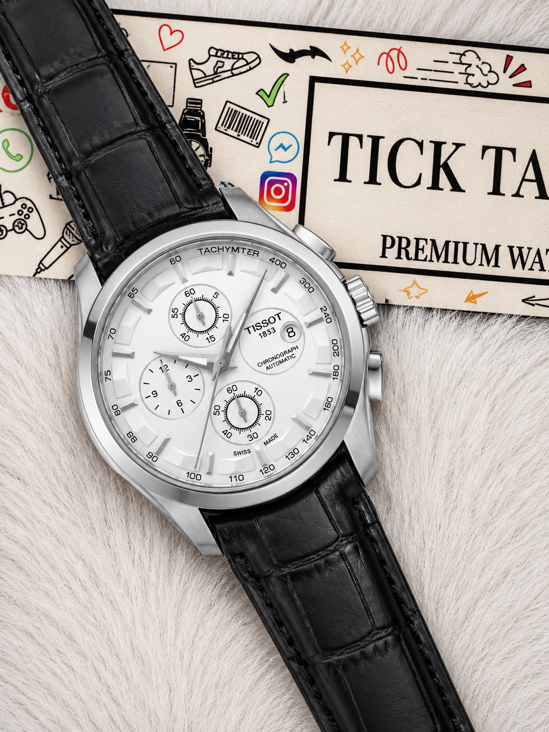 Luxury Chronograph Style Watch with Tachymeter Dial & Leather Strap