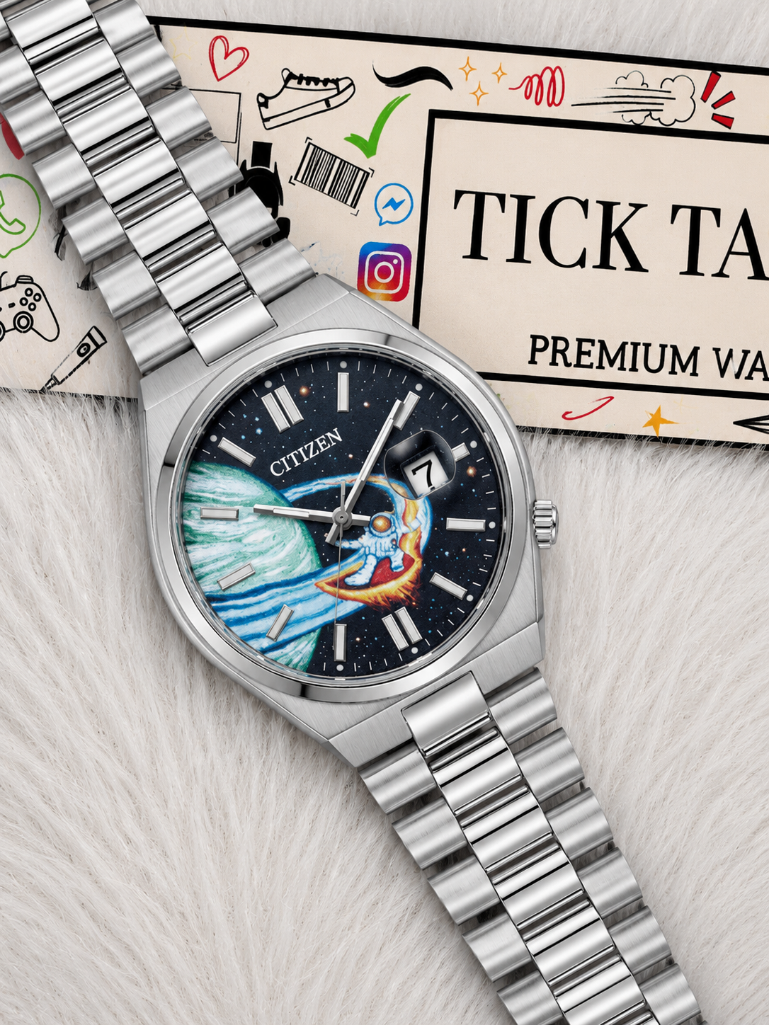 Celestial Astronaut Art Dial Stainless Steel Date Watch