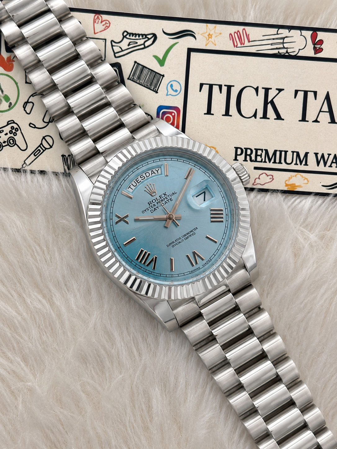 Ice Blue Fluted Steel Day-Date Quartz Watch