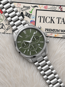 Luxury Silver Stainless Steel Chronograph Watch Olive Green Dial Baton Markers Multi-Subdial Date Display – Men