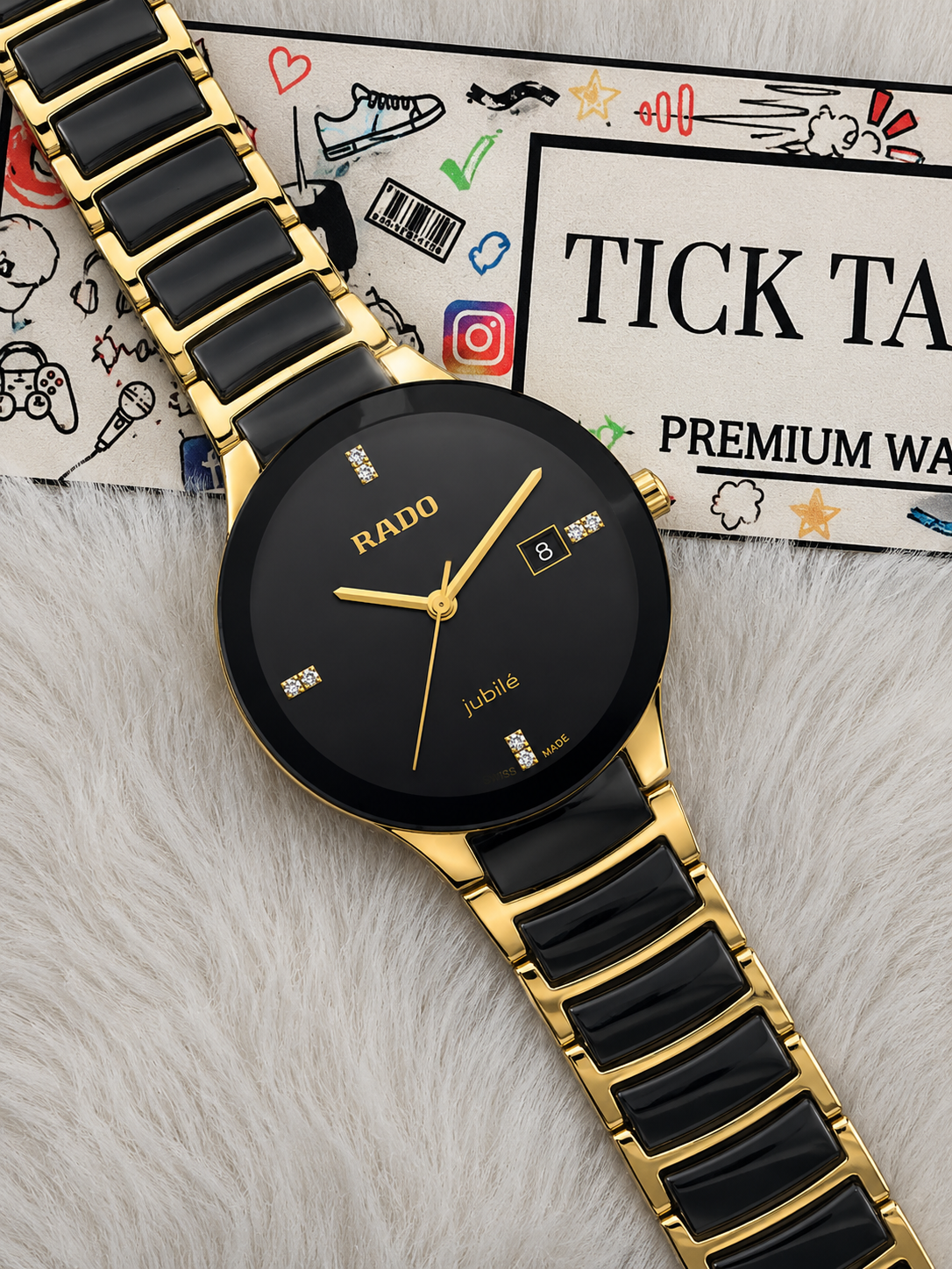 Black &amp; Gold Ceramic Round Watch – Diamond Marker Edition