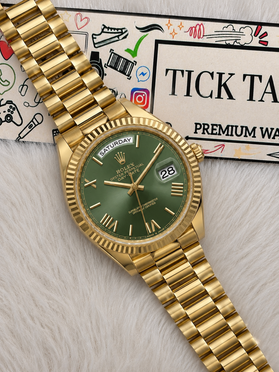 Gold Day-Date Green Sunray Roman Dial Men’s Watch