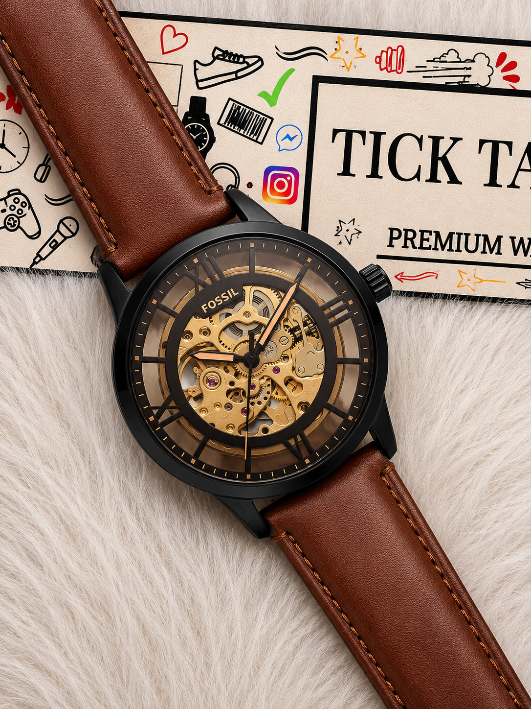 Luxury Skeleton Automatic Men’s Watch with Gold Open-Work Dial & Brown Leather Strap