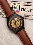 Luxury Skeleton Automatic Men’s Watch with Gold Open-Work Dial & Brown Leather Strap