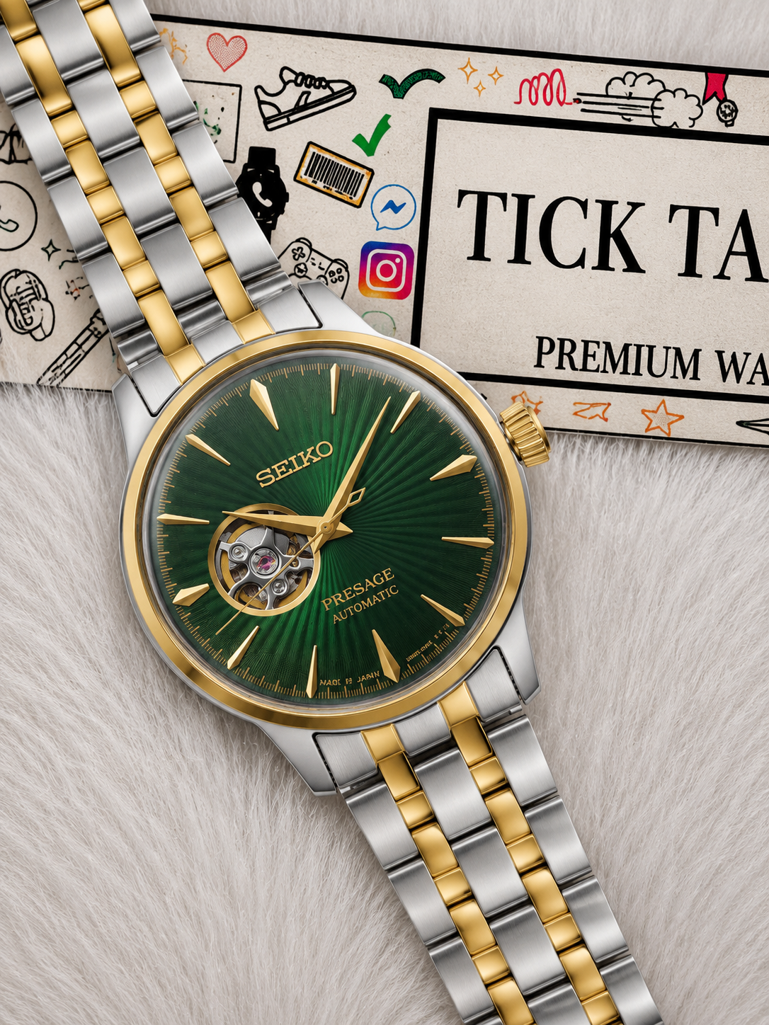 Two-Tone Gold & Silver Stainless Steel Case Emerald Green Sunburst Dial Open-Heart Automatic Luxury Bracelet Watch – Men