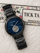Black Open Heart Luxury Watch with Deep Blue Textured Dial