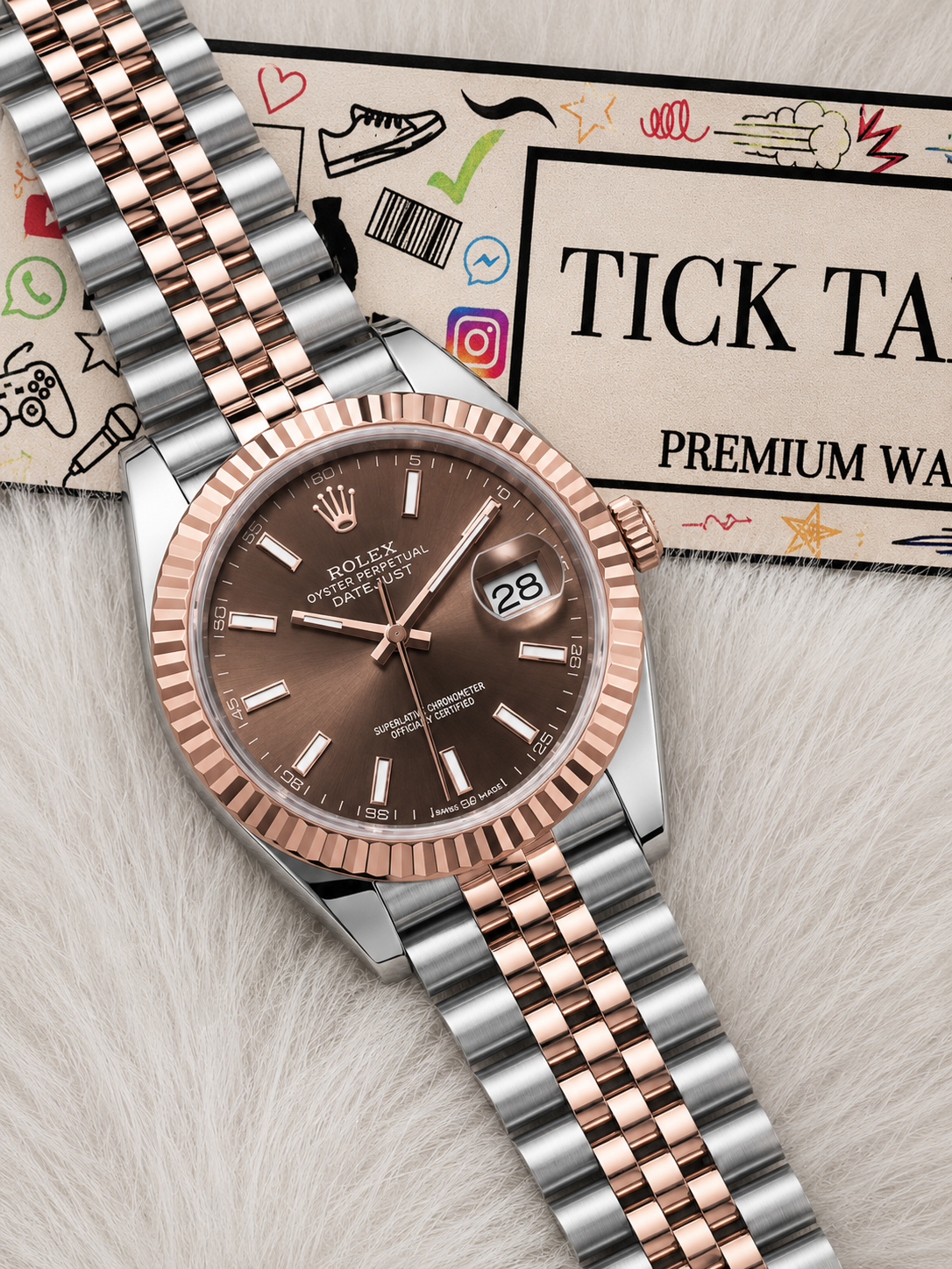 Luxury Two-Tone Stainless Steel Watch Fluted Bezel Chocolate Sunburst Dial Date Display Watch – Men