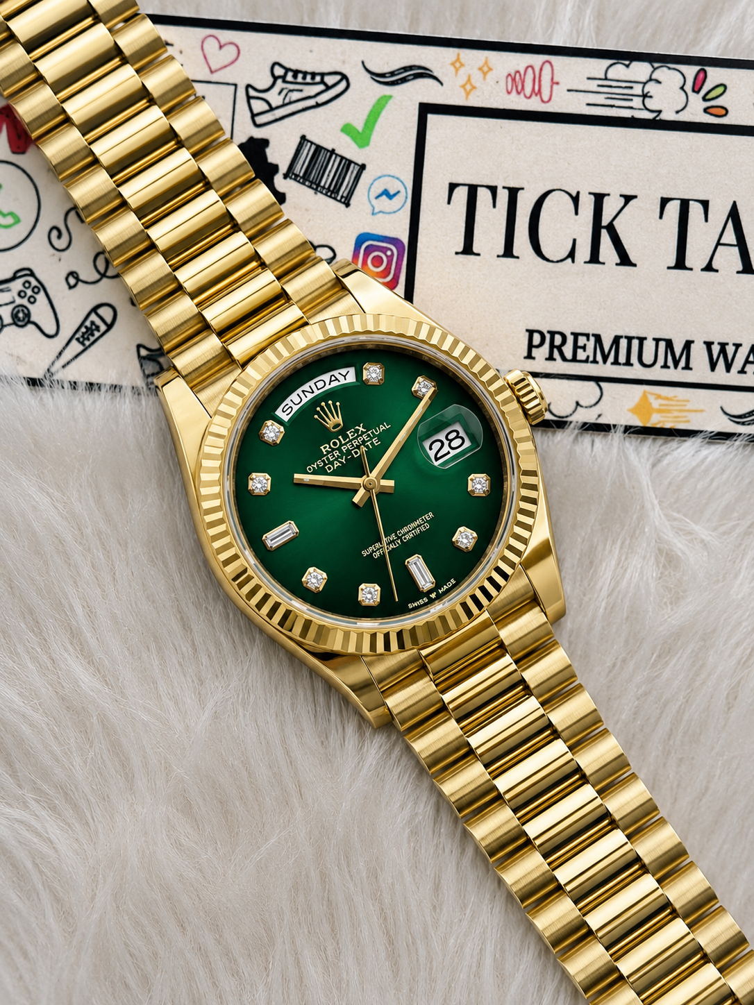 Luxury Gold Stainless Steel Watch Fluted Bezel Emerald Green Sunburst Dial Diamnd Markers Day-Date Watch – Men