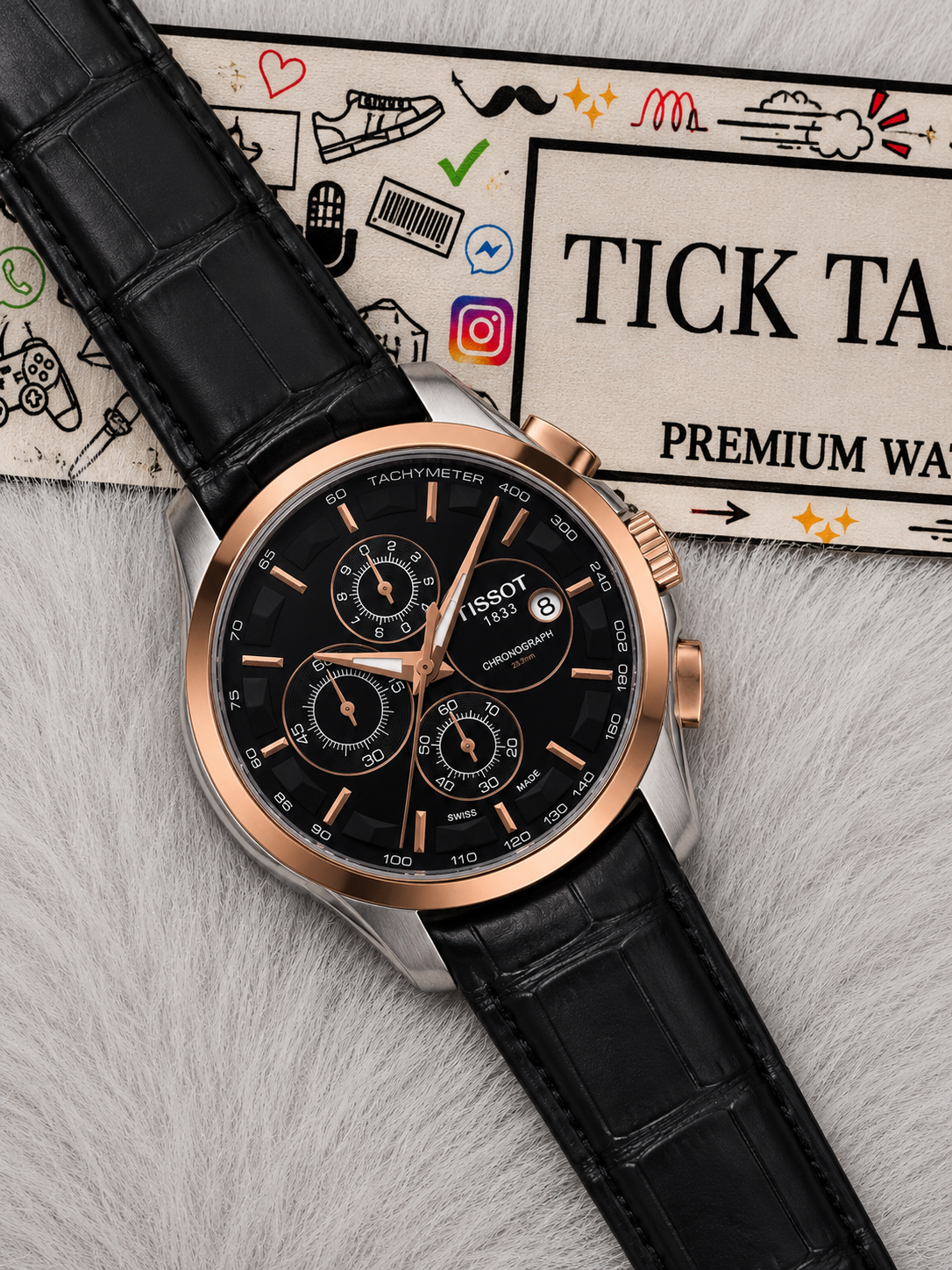 Premium Chronograph Style Watch – Black Dial & Rose Gold Finish