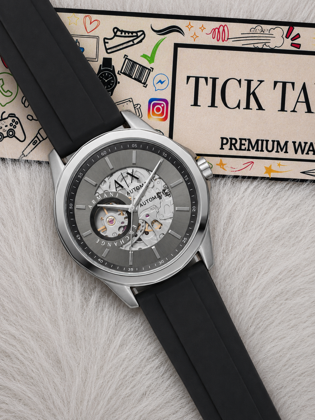 Silver Skeleton Automatic Dial Black Silicone Strap Men’s Watch