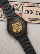 Luxury Black Skeleton Automatic Men’s Watch with Gold Open-Work Dial & Matte Steel Bracelet