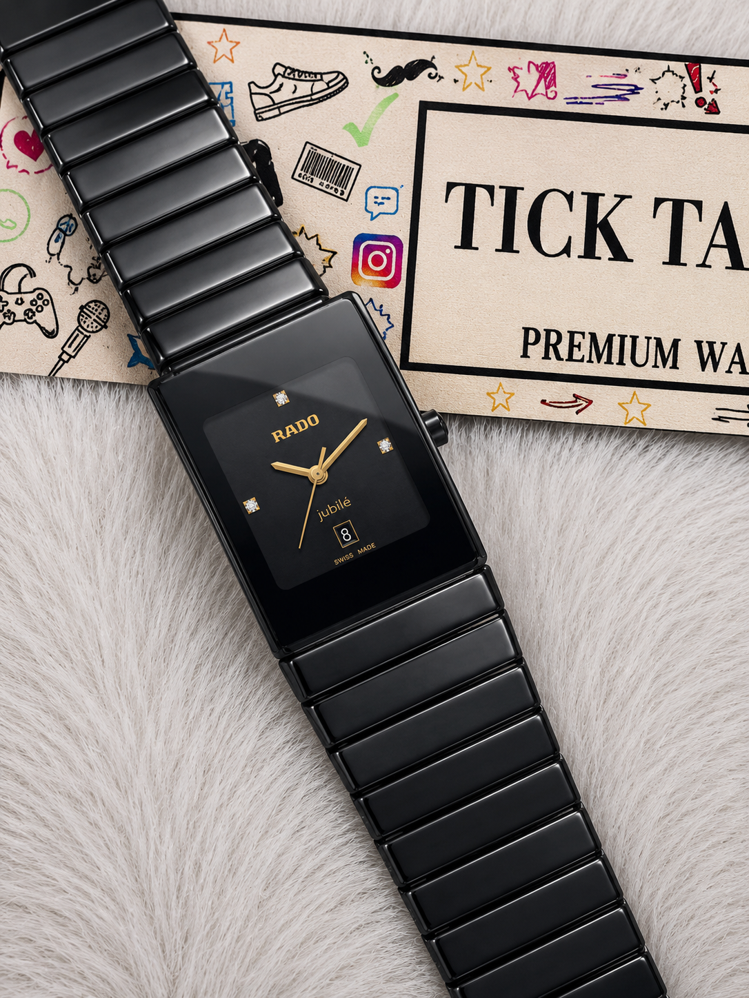 Black Ceramic Rectangular Dress Watch – Diamond Accent Edition