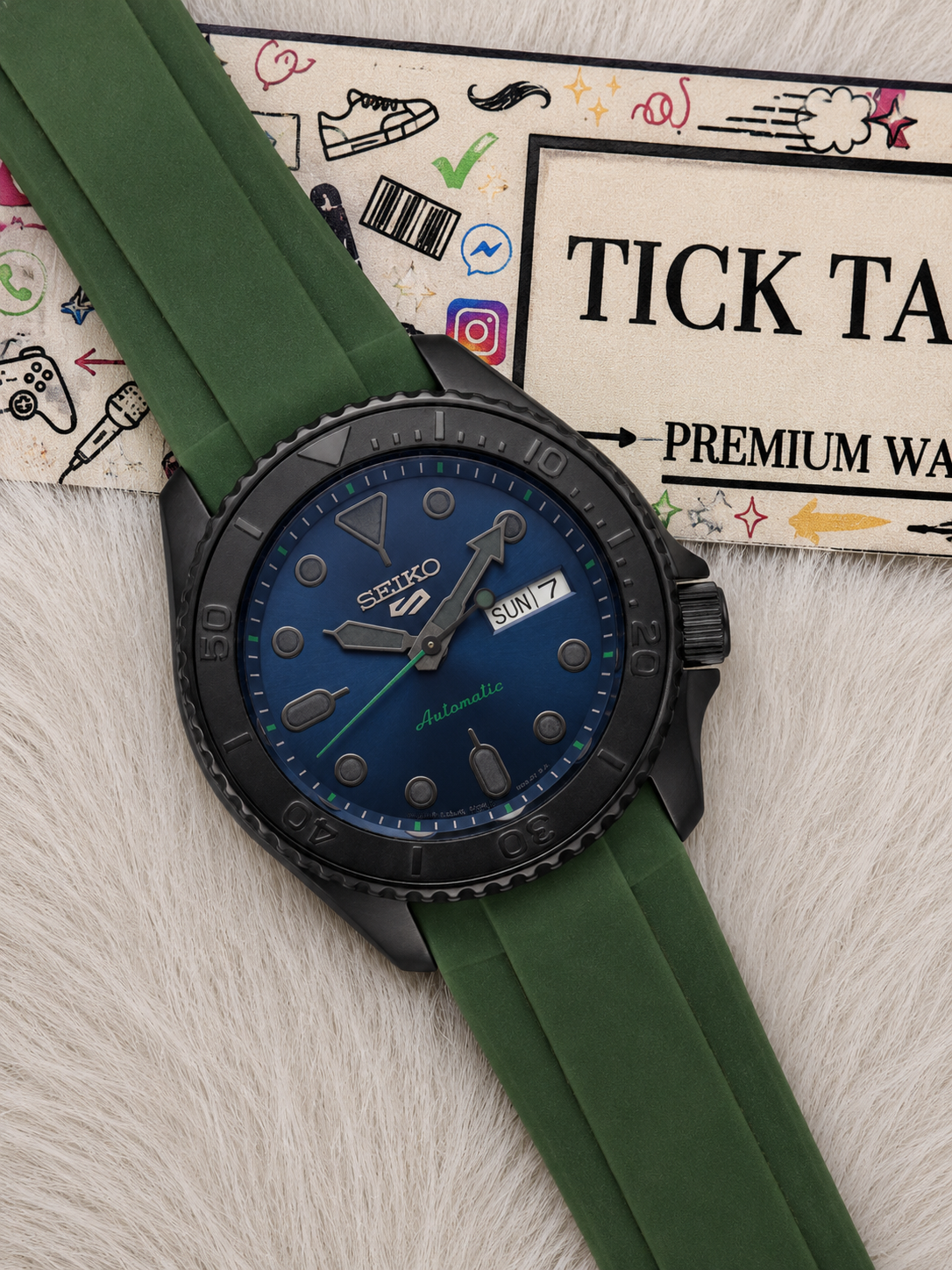 Black Automatic Dive Men’s Watch with Blue Dial & Green Strap
