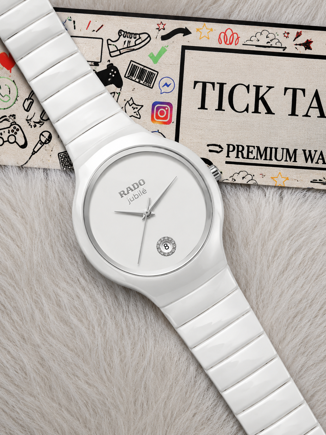 Pure White Ceramic Diamond Date Watch – Luxury Minimal Edition