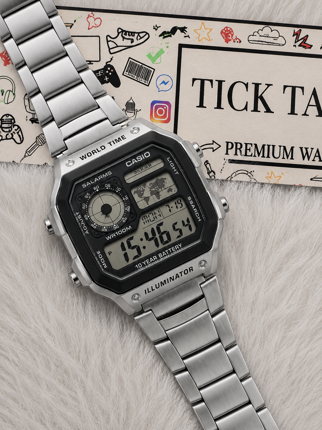Stainless Steel Digital World Time Watch – Multi-Function Edition