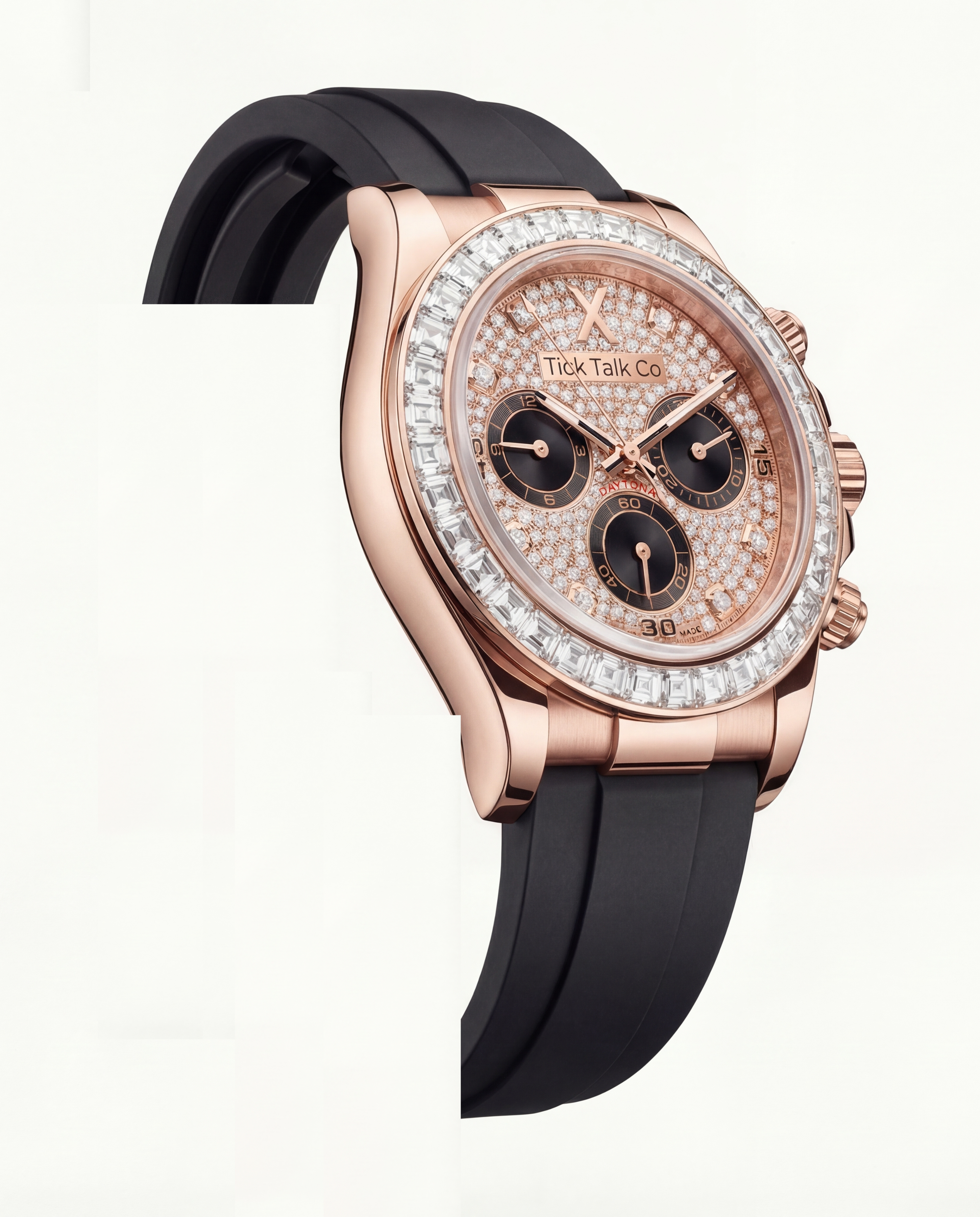 Rose Gold Chronograph Diamond Bezel Watch with Black Strap