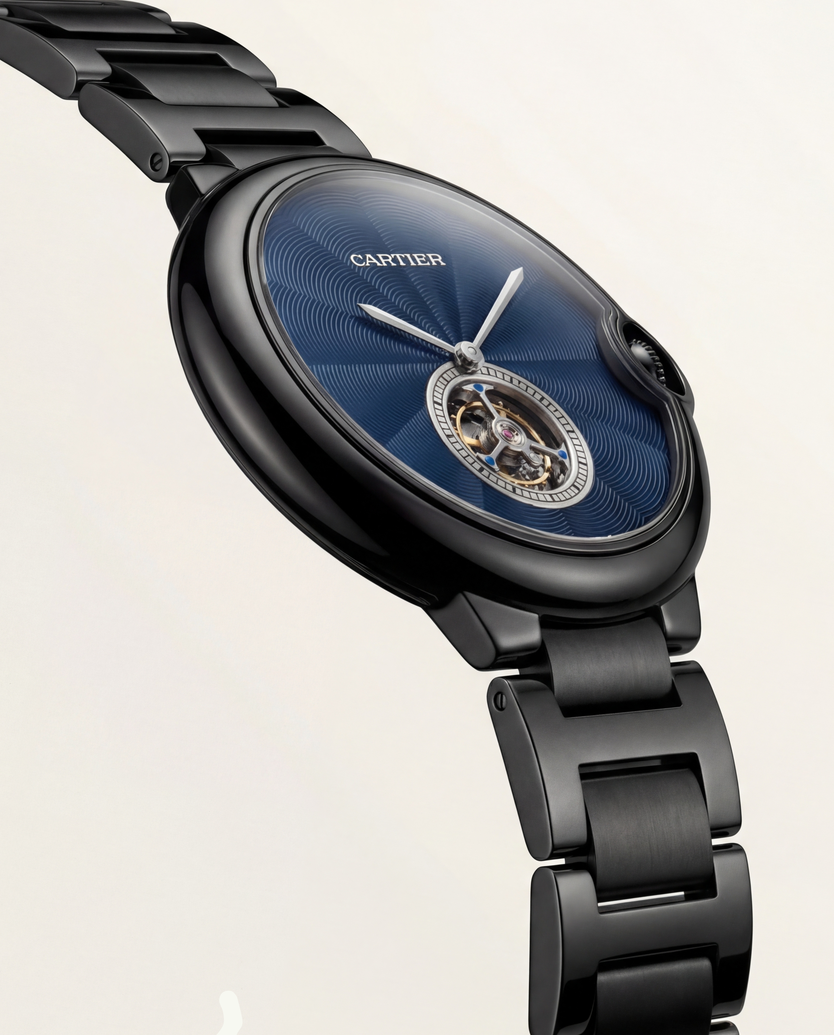 Black Open Heart Luxury Watch with Deep Blue Textured Dial