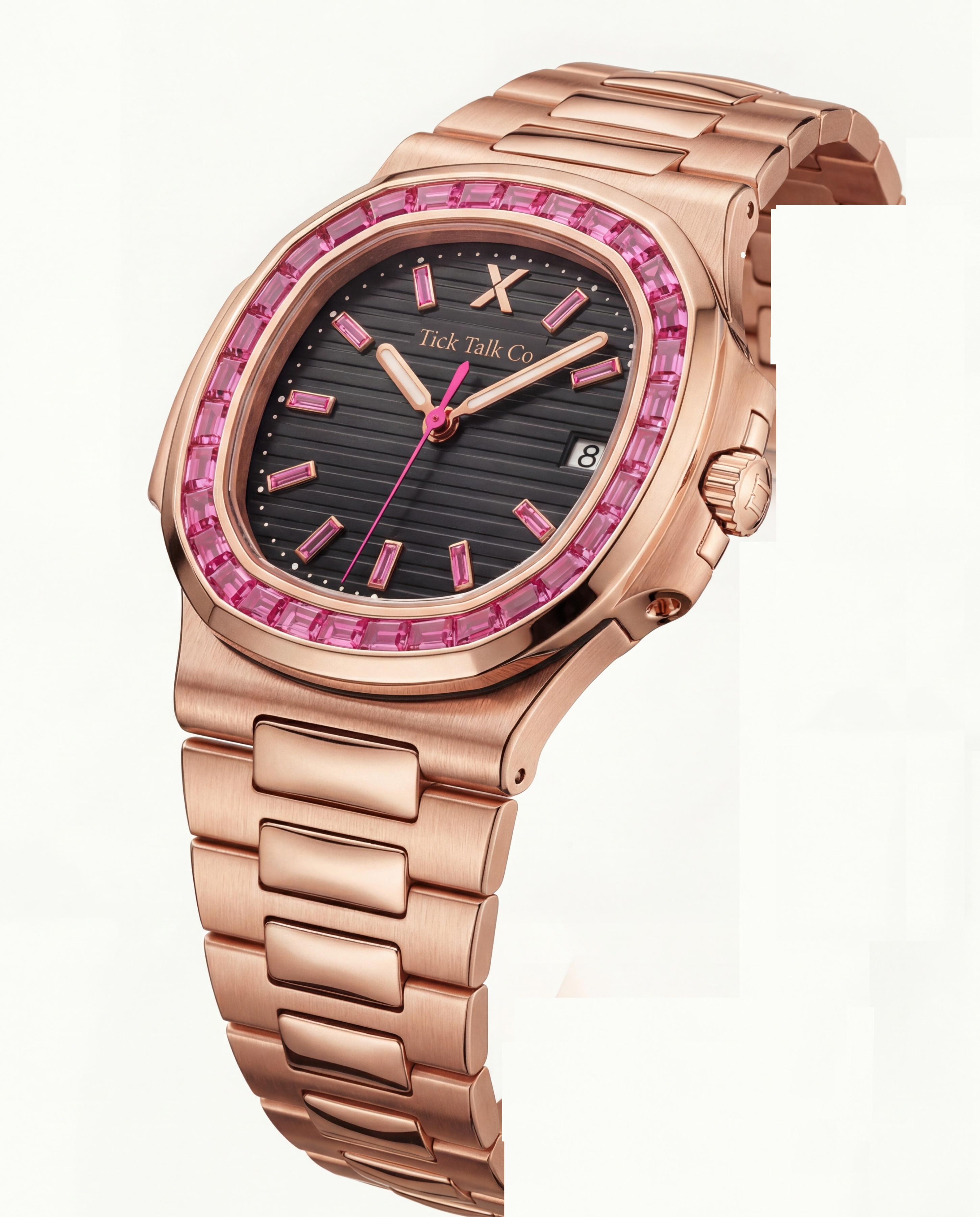 Black Dial Rose Gold Watch with Pink Gem Bezel & Stainless Steel Bracelet