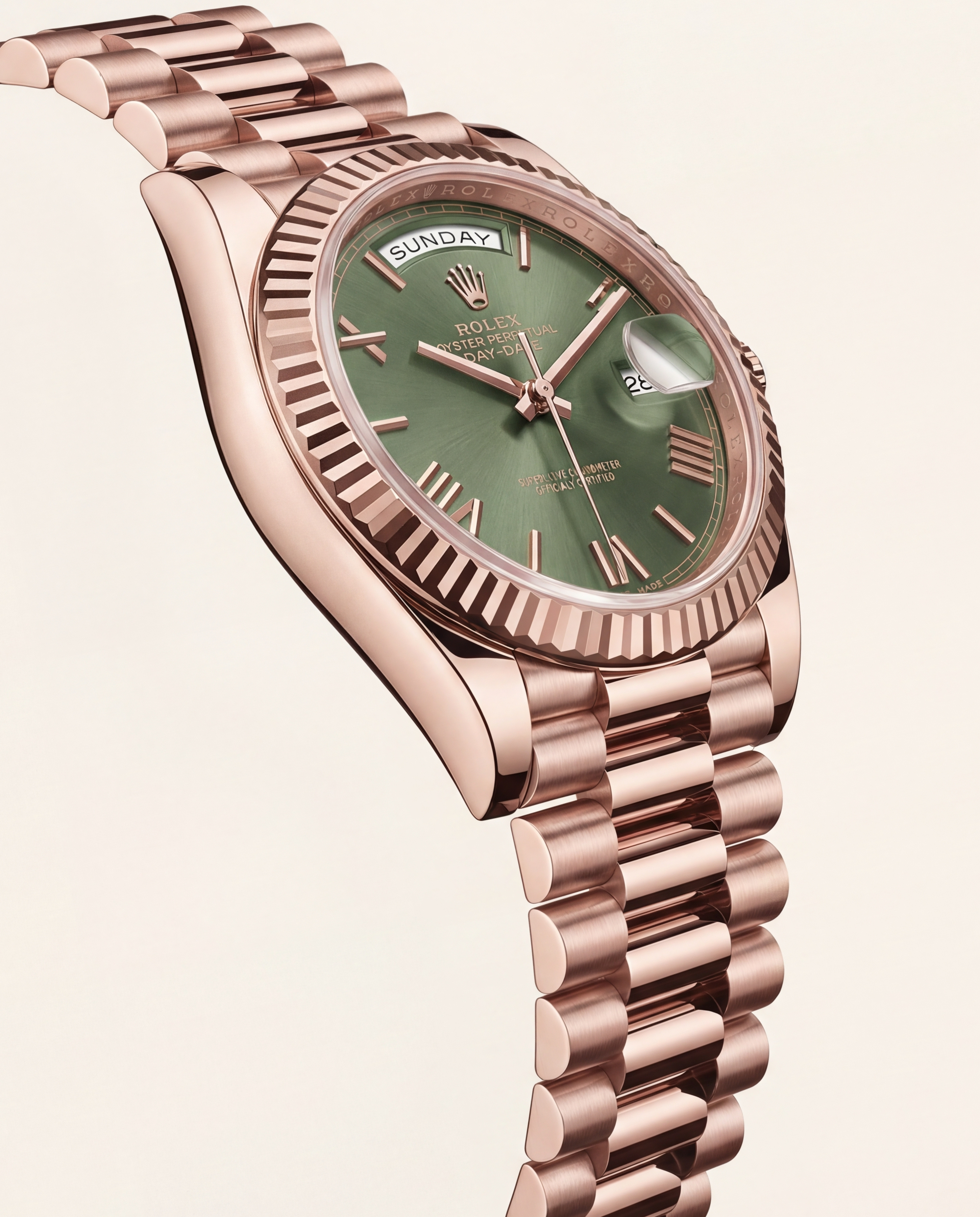 Rose Gold Day-Date Green Sunray Roman Dial Men’s Watch
