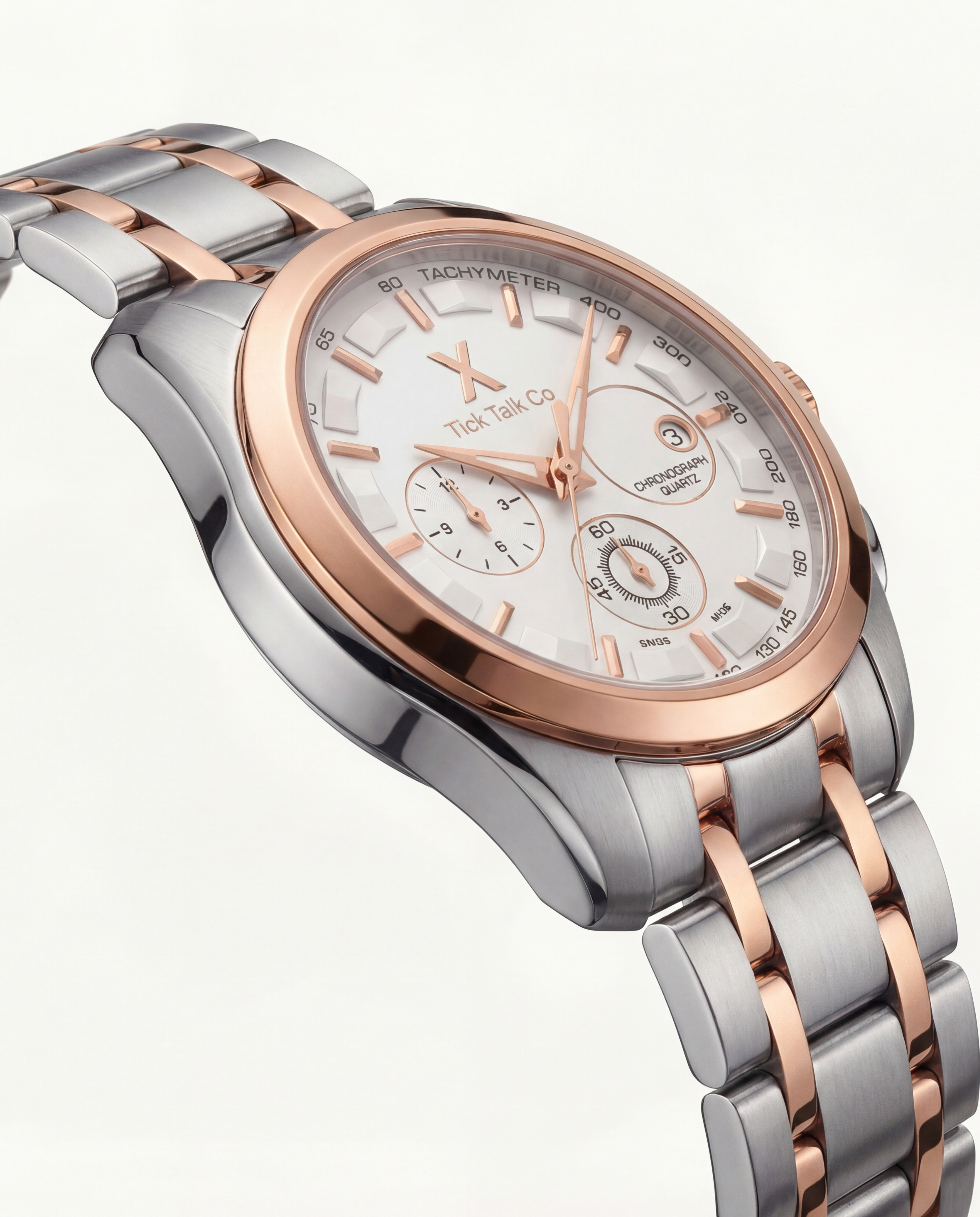 Two-Tone Silver & Rose Gold Chronograph Tachymeter Watch with Metal Bracelet