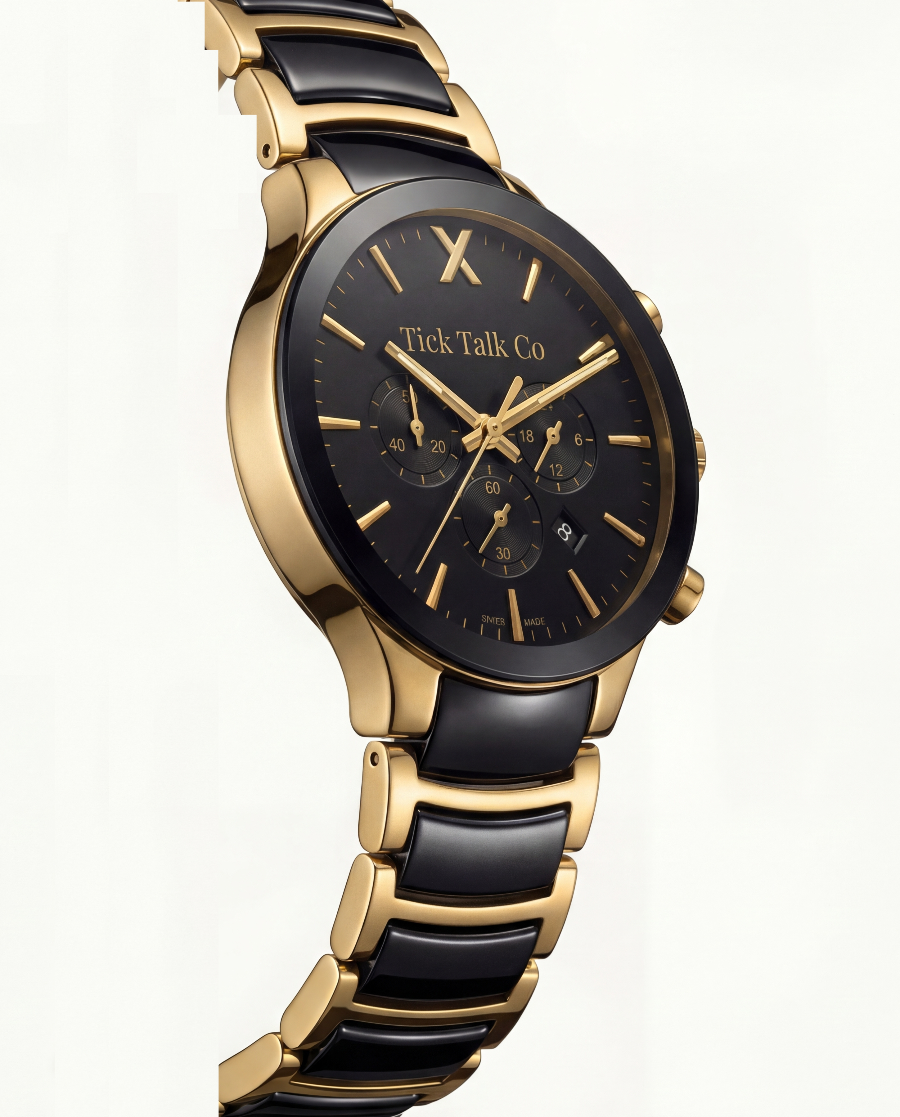 Gold & Black Chronograph Watch with Black Dial and Two-Tone Stainless Steel Bracelet