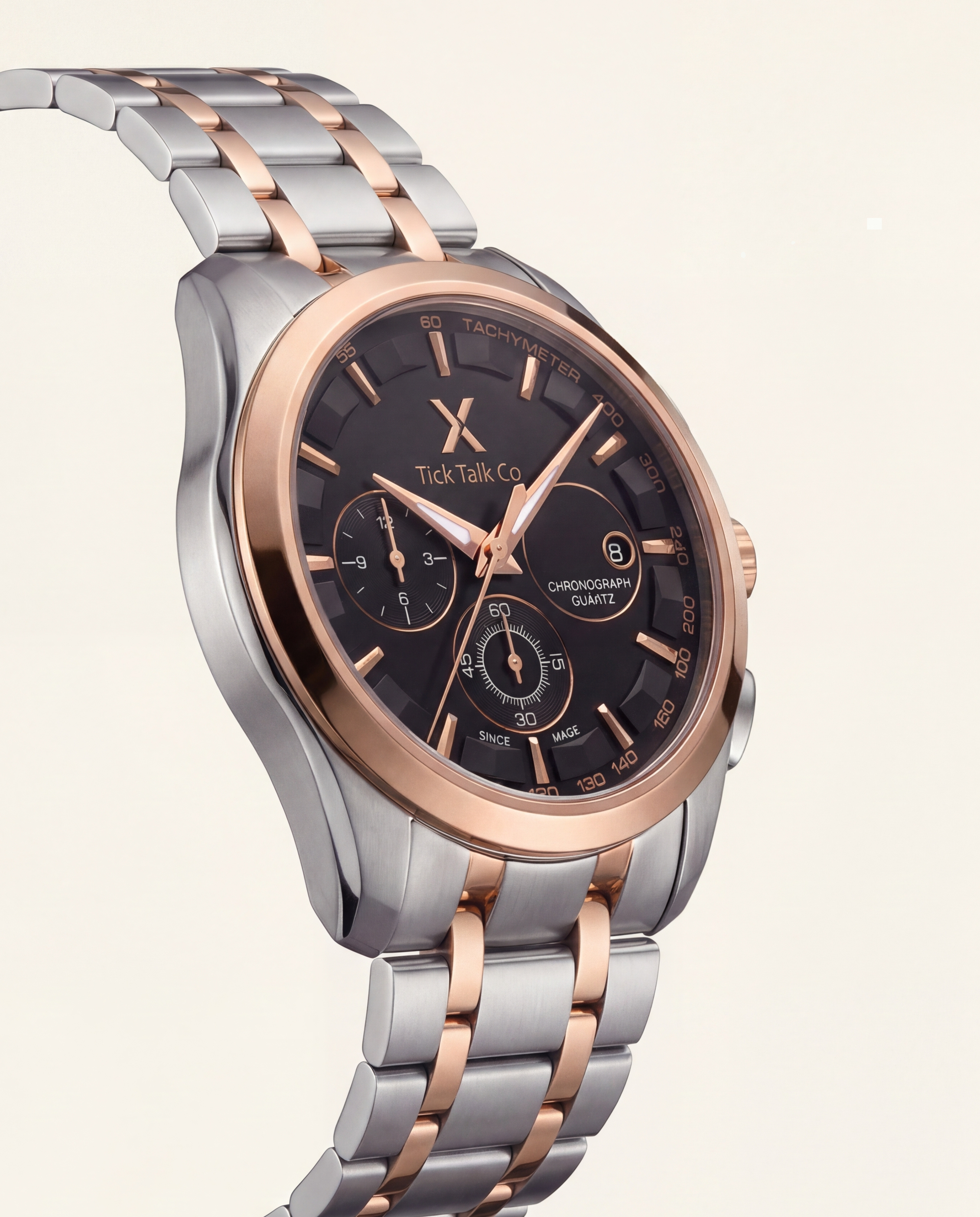 Two-Tone Black Dial Chronograph Quartz Watch with Rose Gold Bezel & Metal Bracelet