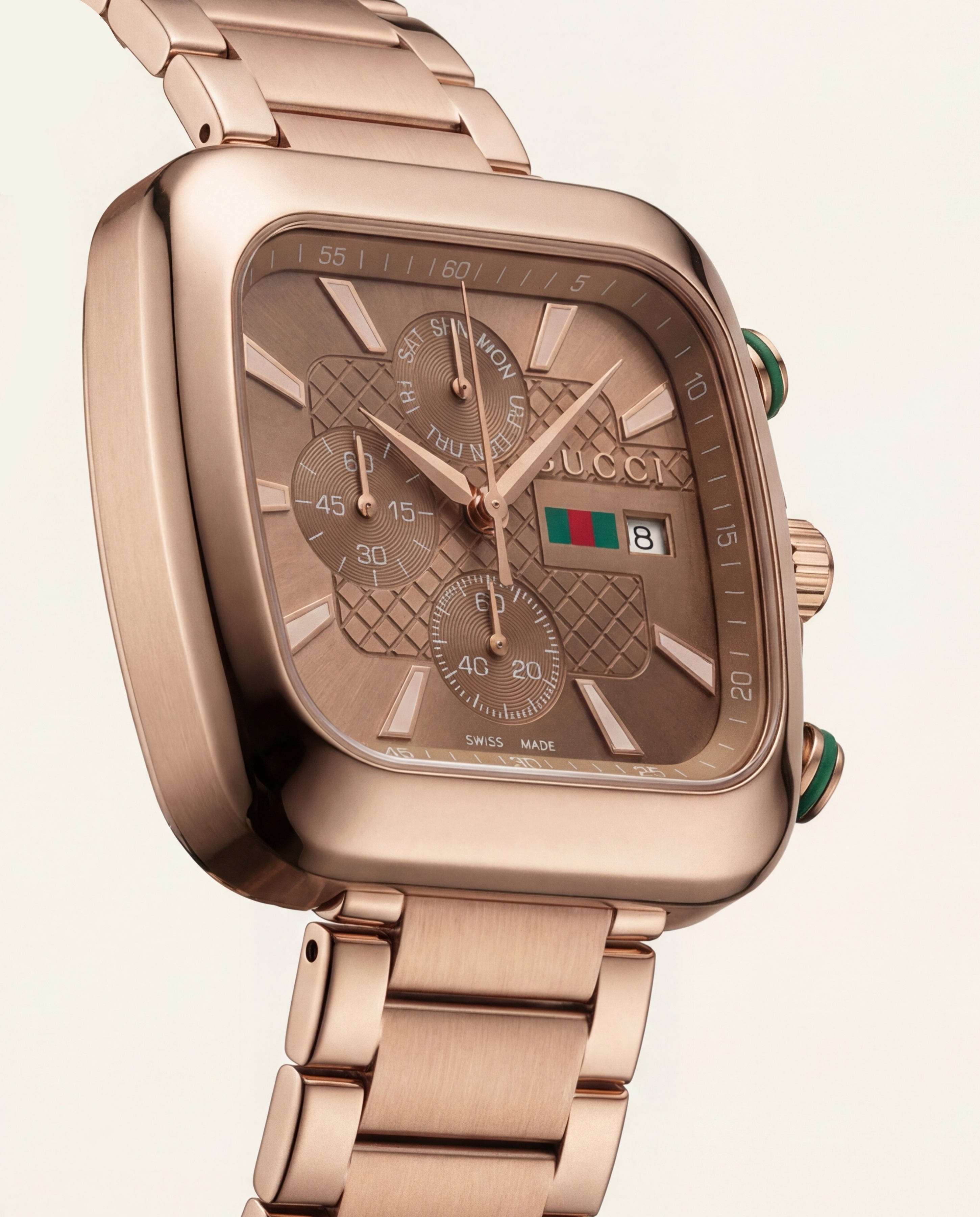 Rose Gold Square Chronograph Men’s Watch with Day–Date Display