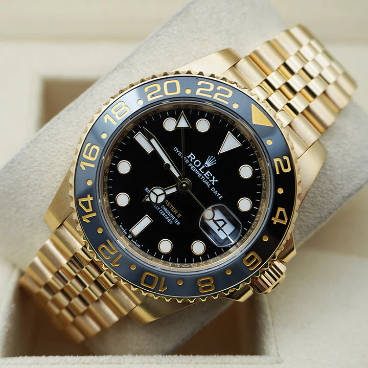Premium Full Gold GMT Style Luxury Watch Black Dial Black Gold Bezel Jubilee Bracelet Classic Royal Watch – Men