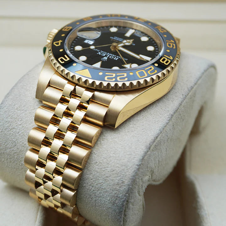 Premium Full Gold GMT Style Luxury Watch Black Dial Black Gold Bezel Jubilee Bracelet Classic Royal Watch – Men