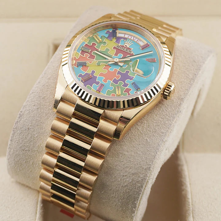 Premium Gold Stainless Steel Watch Sky Blue Multicolor Puzzle Dial Fluted Bezel Statement Luxury Watch – Men