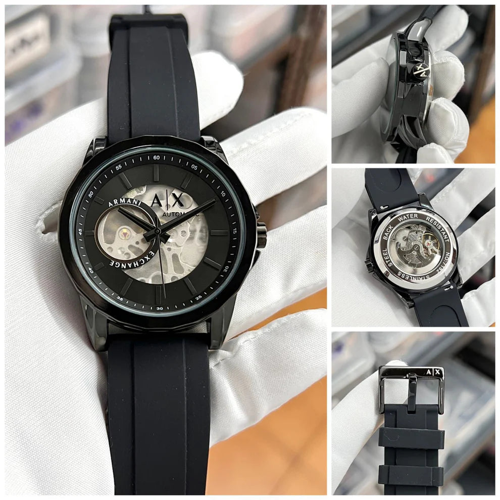 Premium Black Automatic Luxury Watch Open Heart Skeleton Dial Black Case Silicone Strap Modern Signature Luxury Watch – Men