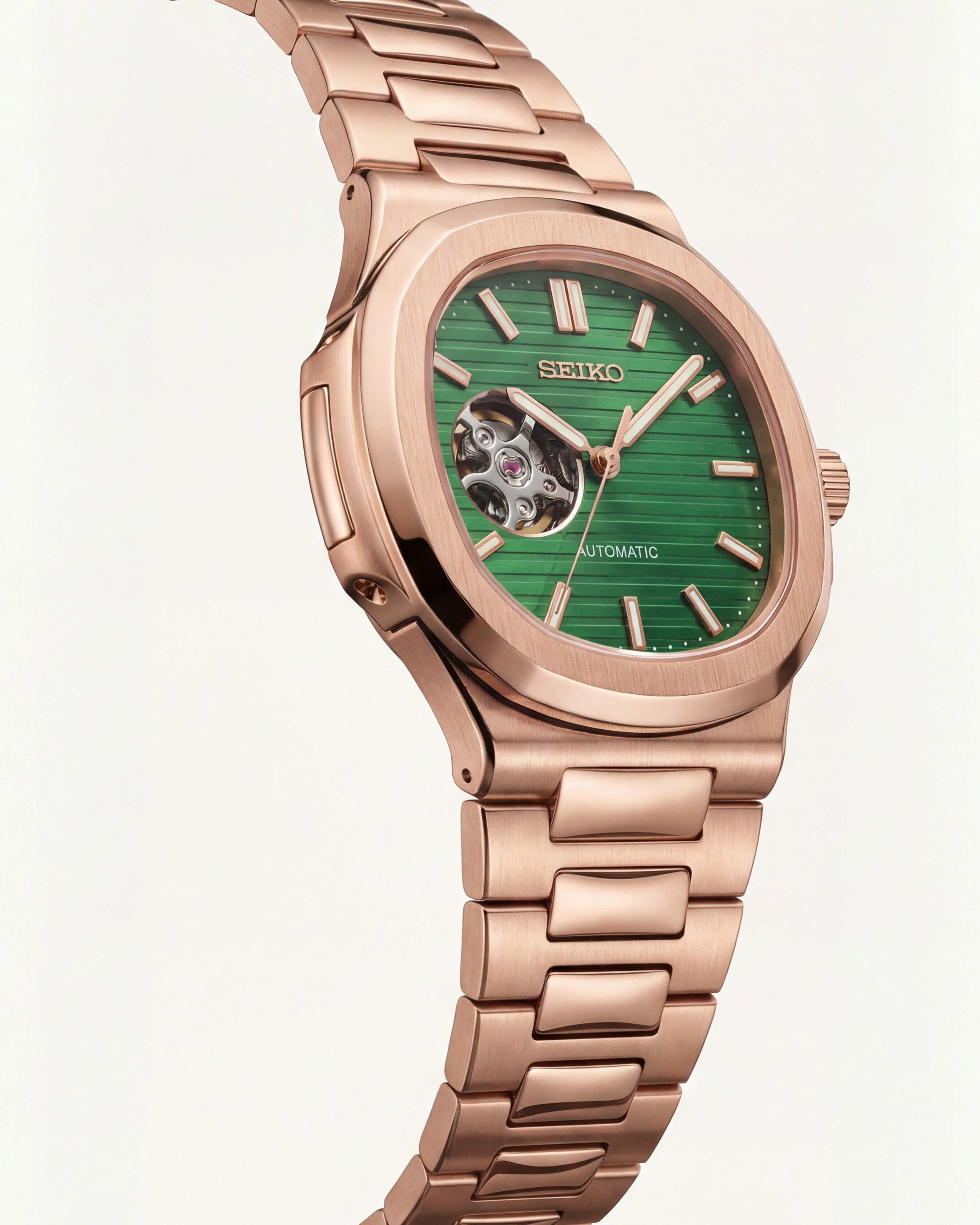 Rose Gold Green Dial Open-Heart Automatic Watch