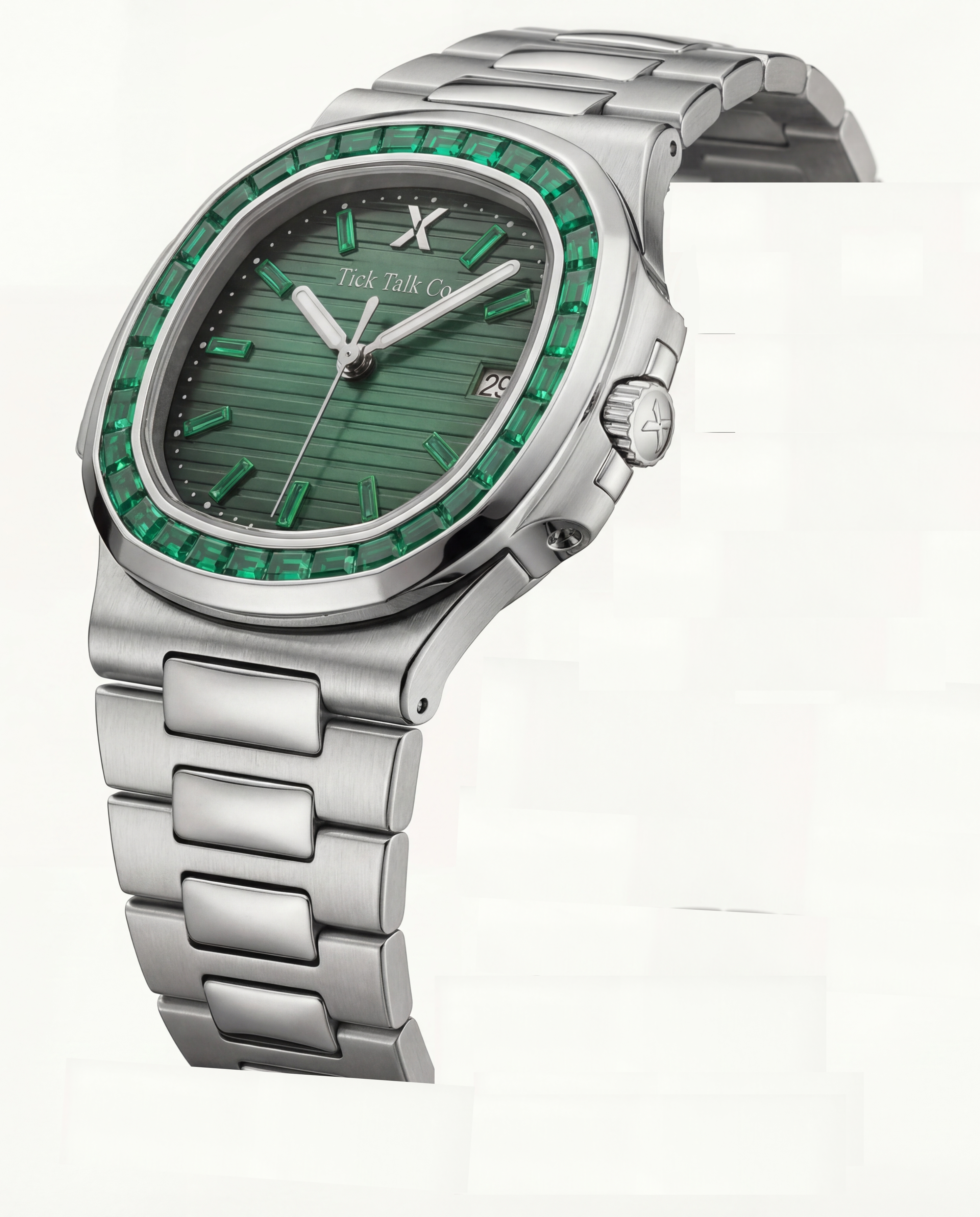 Emerald Green Dial Watch with Gem-Style Bezel and Stainless Steel Bracelet